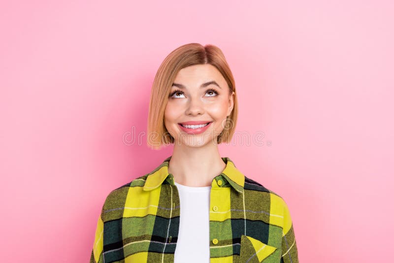 Photo Portrait of Pretty Young Girl Look Up Excited Wondered Empty ...