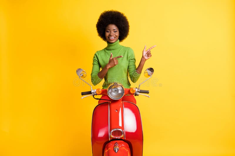 Photo Portrait of Stylish Woman Riding Red Motorcycle Pointing Two ...