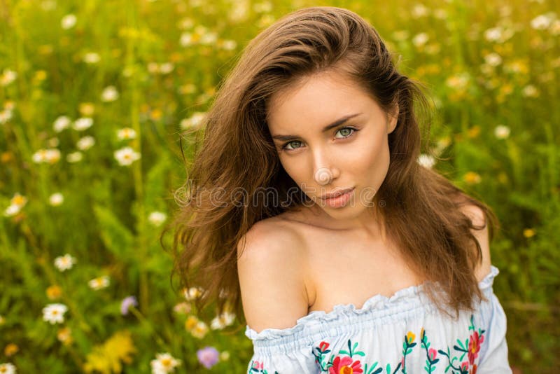 Photo of pretty brunette woman in chamomile field stock image Photo of pretty brunette woman in chamomile field stock image