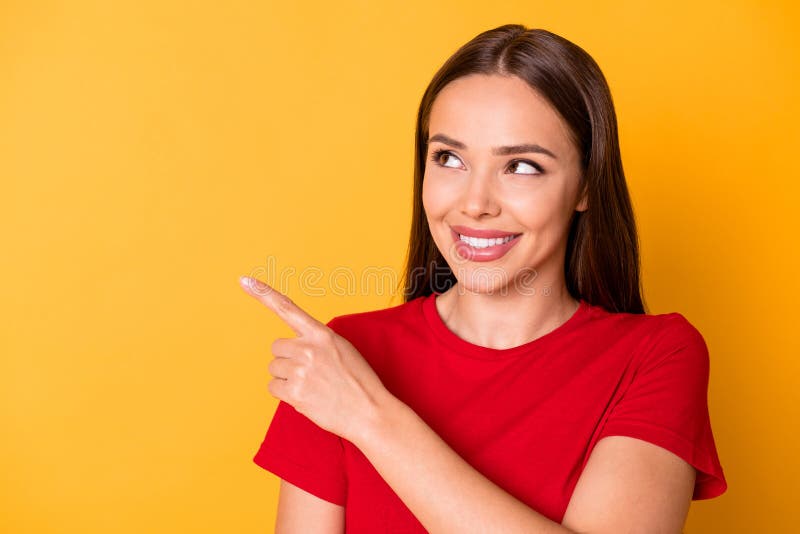 Photo Of Pretty Interested Lady Direct Index Finger Side Empty Space