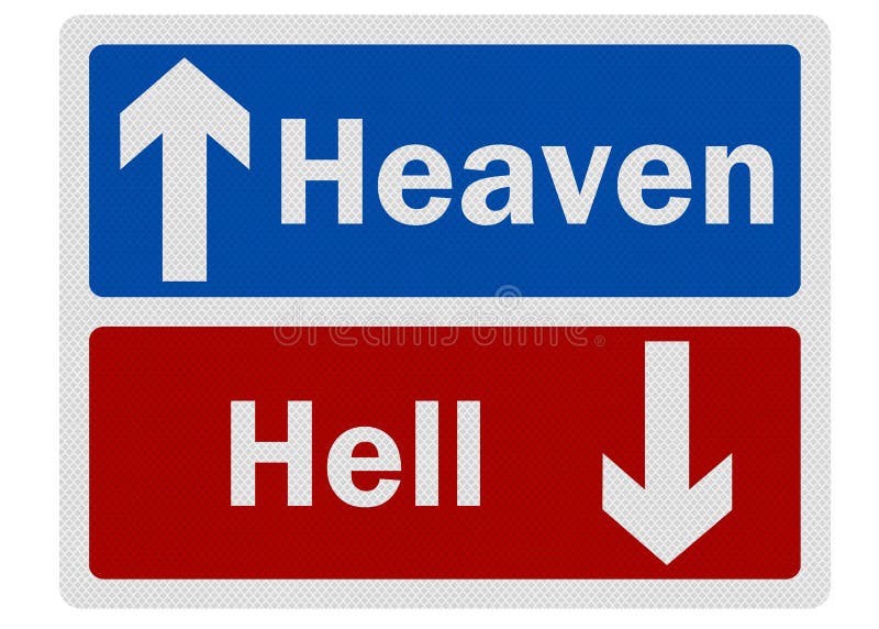 Heaven or hell - two sign posts pointing in opposite directions, one  upwards to paradise the other one downwards for the the bad, evil, wicked,  sinful people. Isolated vector over white. Stock