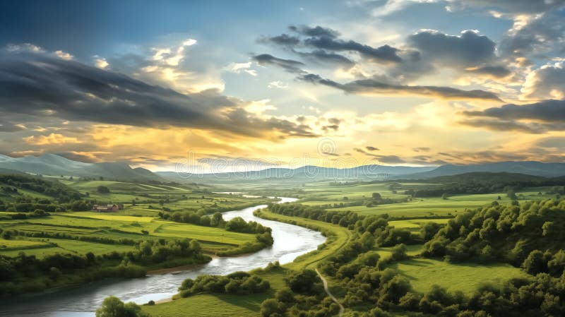 Vedere a unei zone rurale extinse, reflectată de fluviu vector illustration