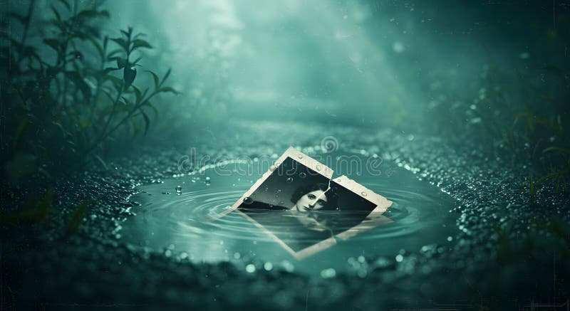Broken Vintage Photograph in a Rainy Puddle royalty free illustration