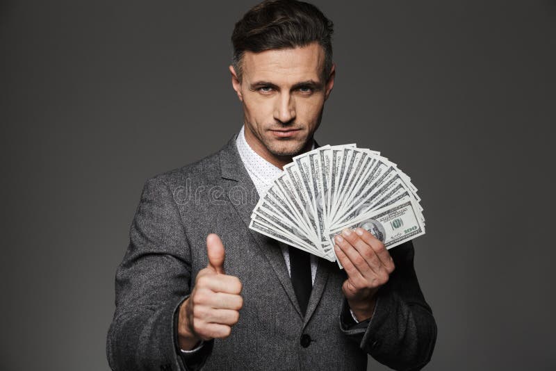 Photo of Rich Man 30s in Business Suit Holding Fan of Cash Money Stock ...