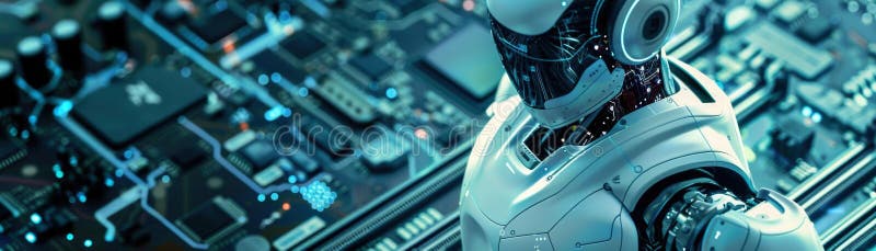 Photo of a robotic icon integrated into an electronic mainboard symbolizing the presence of AI technology stock illustration