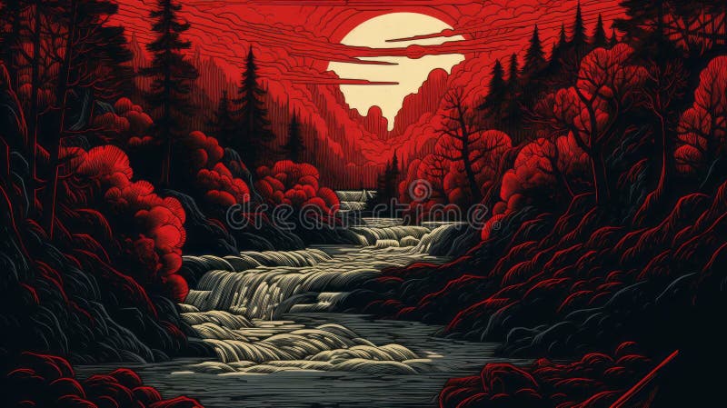 Monochromatic Woodcut Illustration Of A Majestic Waterfall