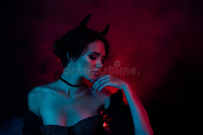 Photo of scary cruel dangerous lady satan look mystically gorgeous isolated on dark mist color background