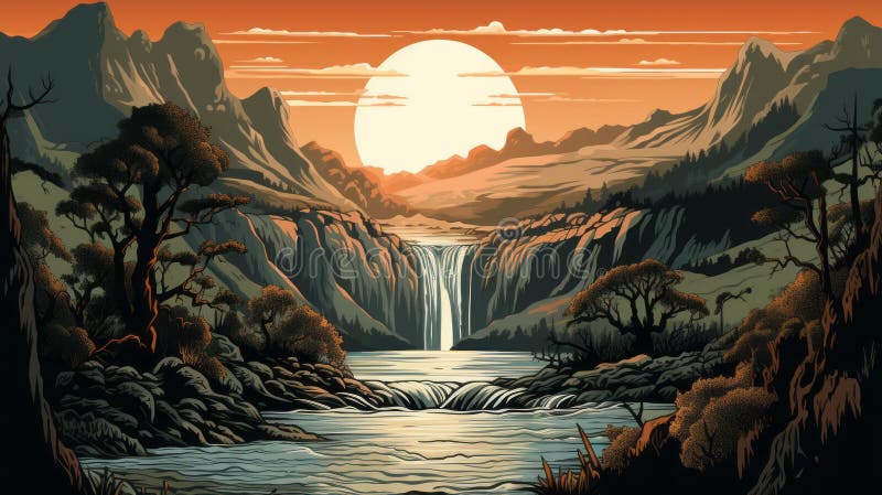 Woodcut Art Majestic Mountain Sunset With Waterfall