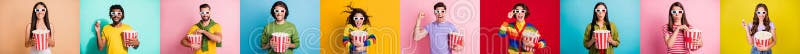Photo set collage creative design many people watching new movie quarantine eat corns isolated colorful background royalty free stock photography