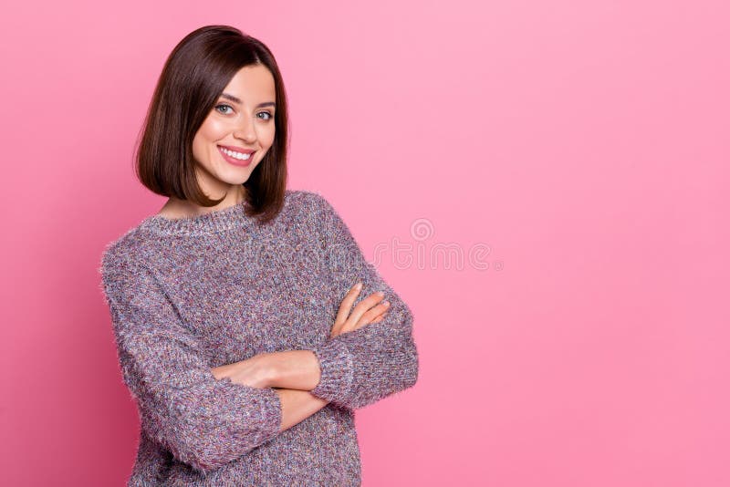 Photo of Shiny Adorable Lady Dressed Sweater Arms Crossed Empty Space ...