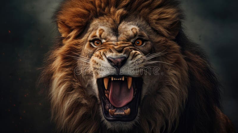 An Angry Lion with an Open Mouth and Sharp Teeth Roars in the Thicket of  the Night Forest. Generative AI Illustration in Bright Colors with Abstract  Brush Strokes for Wall Art and