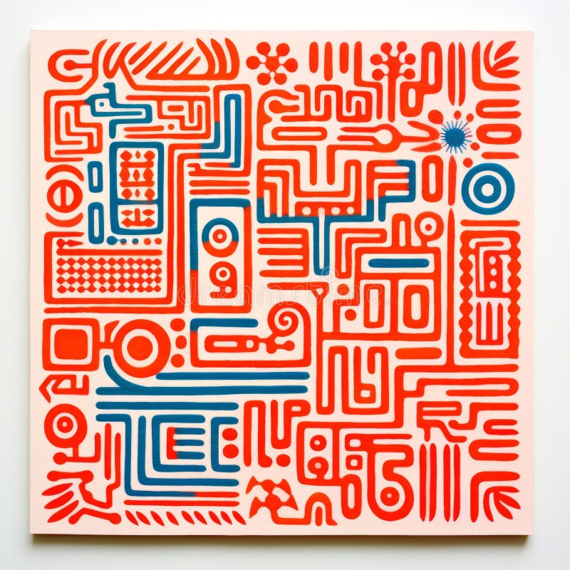 this photo showcases an original artwork from 2012 in the style of circuitry. the print features bold outlines and flat colors, with a combination of light red and navy hues. the colorful woodcarvings and tactile canvases draw inspiration from moche art, while the intricate patterns resemble infinity nets. ai generated. this photo showcases an original artwork from 2012 in the style of circuitry. the print features bold outlines and flat colors, with a combination of light red and navy hues. the colorful woodcarvings and tactile canvases draw inspiration from moche art, while the intricate patterns resemble infinity nets. ai generated