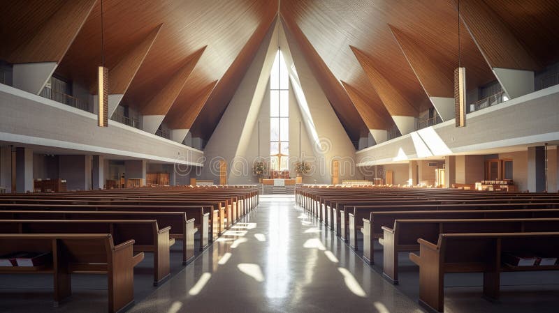 A photo showcasing a spacious church with a high vaulted ceiling and rows of pews. AI generated. A photo showcasing a spacious church with a high vaulted ceiling and rows of pews. AI generated