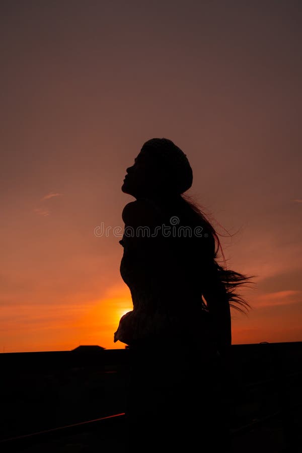 Photo of Silhouette Adult Woman in Profile on Twilight Background. Lonely  Woman Standing Alone Moments Sunset Stock Image - Image of female, sadness:  220464087