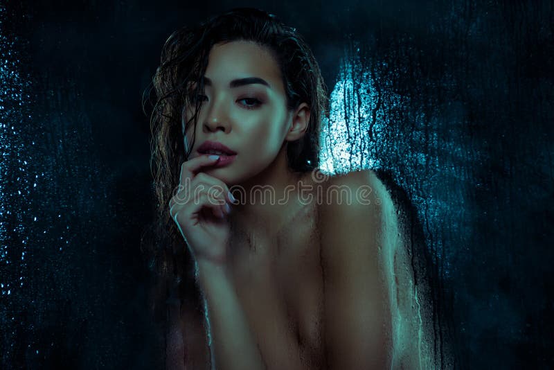 Photo of stunning lady have hot water shower enjoy freshness isolated on black color background with moist splash drips