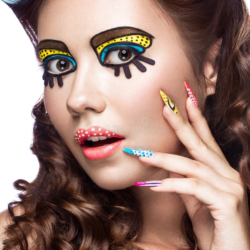 Photo of surprised young woman with professional comic pop art make-up and design manicure. Creative beauty style. stock photos Photo of surprised young woman with professional comic pop art make-up and design manicure. Creative beauty style. stock photos