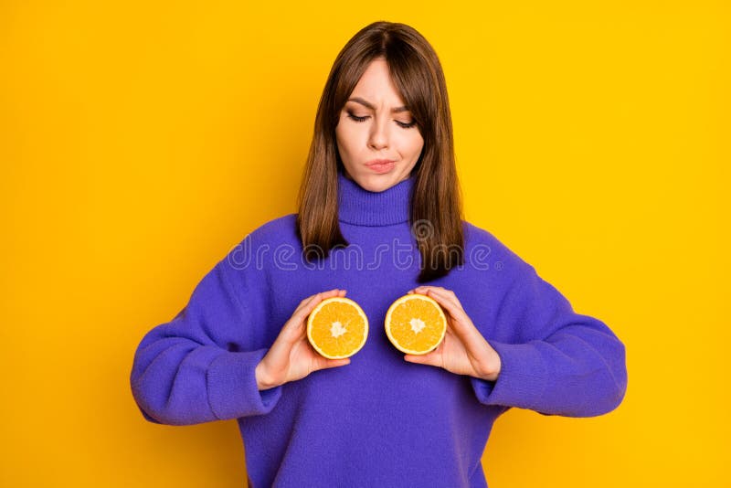 Woman Small Boobs Holds Big Orange Fruits Stock Image - Image of