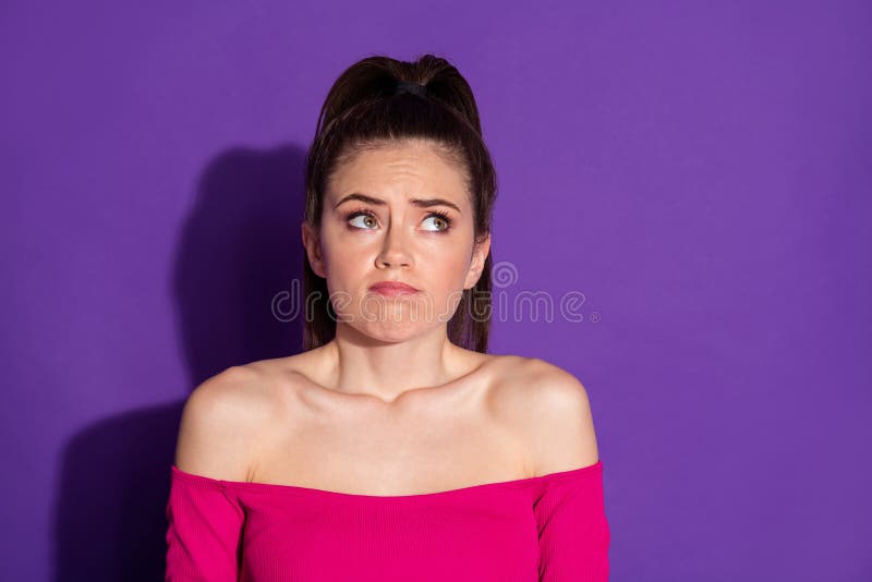Photo of unsure girl look copyspace think cant remember memory isolated over vivid color background