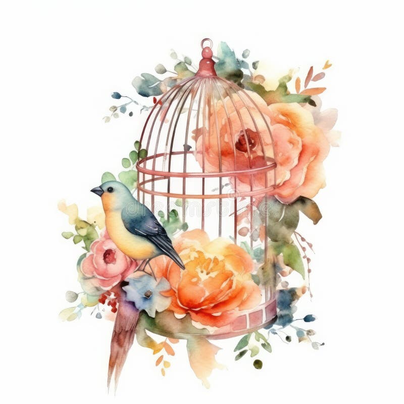 Birdcage with lilies png, watercolor Romantic Floral cage