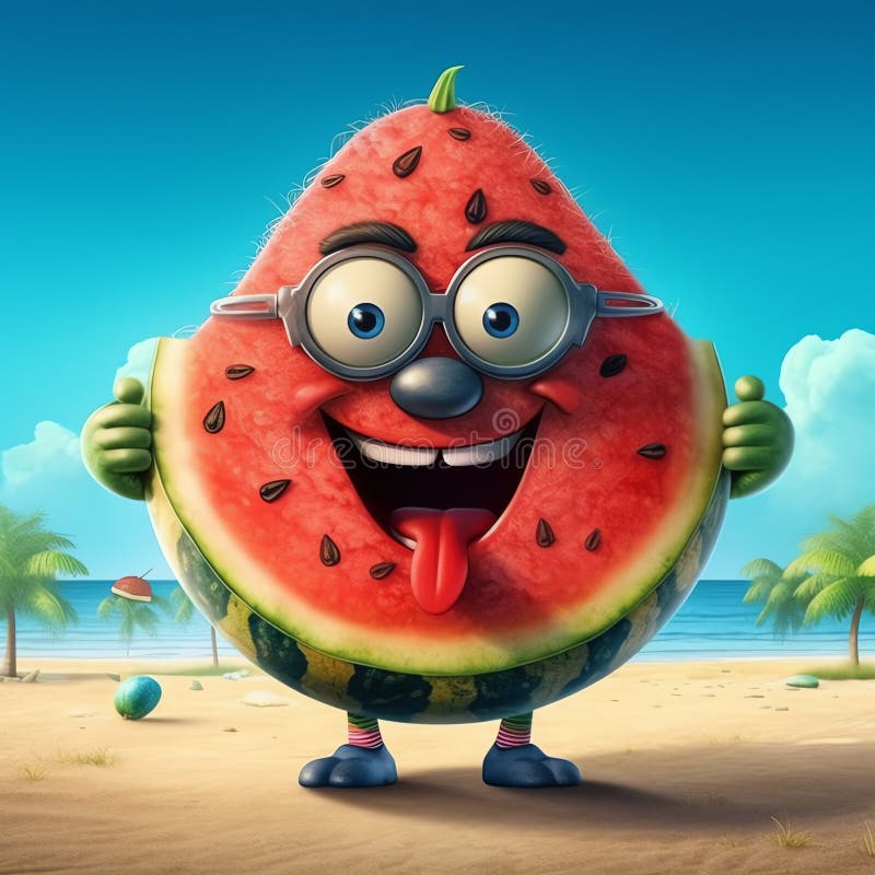 Watermelon cartoon character in beach background ai generated