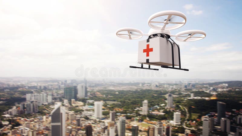 Photo White Generic Design Remote Control Air Drone Flying Sky Medical Box Under Urban Surface.Modern City Background