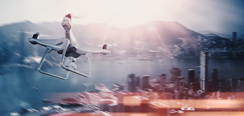 Photo White Matte Generic Design Remote Control Air Drone with action camera Flying Sky under City. Modern Megapolis stock illustration Photo White Matte Generic Design Remote Control Air Drone with action camera Flying Sky under City. Modern Megapolis stock illustration