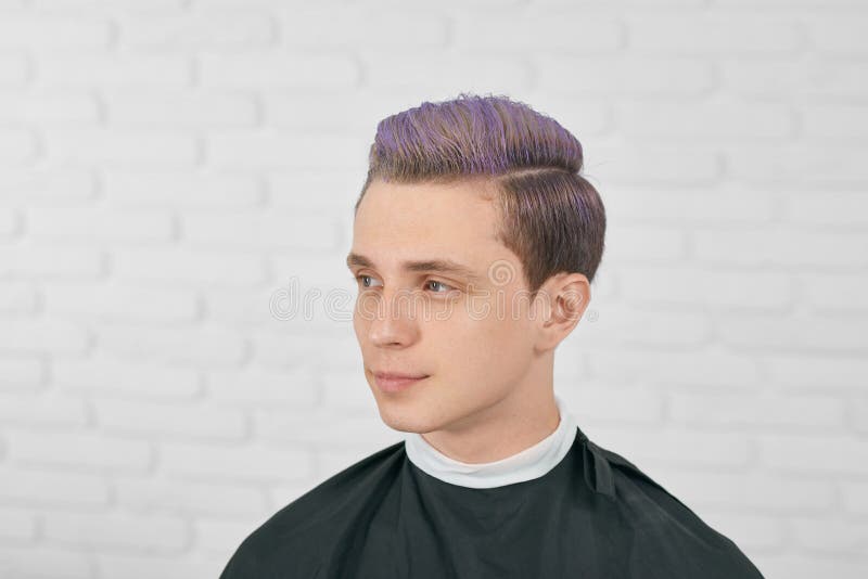 Photo Of Young Boy With Toned Lilac Hair Looking Forward Stock