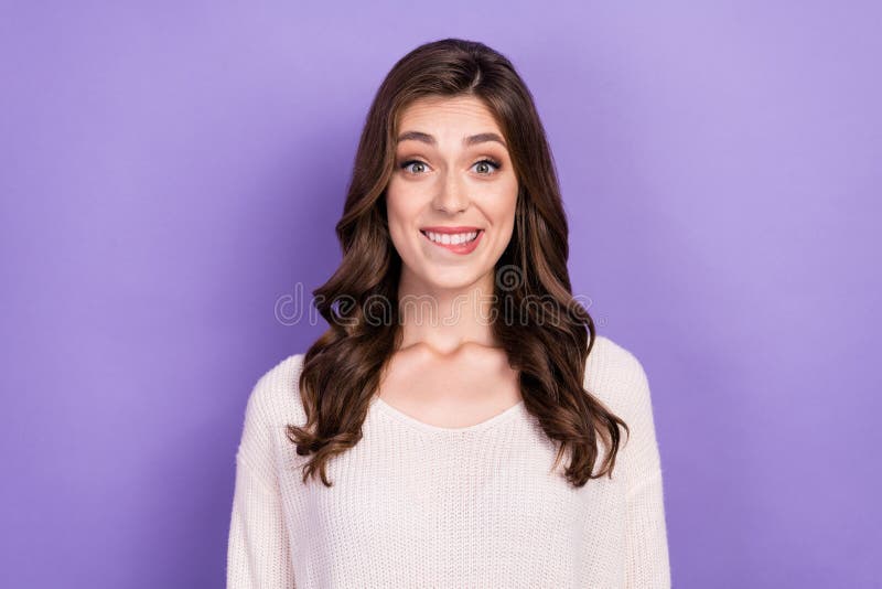 Photo of Young Cheerful Happy Lady Wear White Jumper Bite Lip Teeth ...