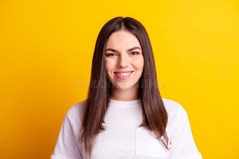 Photo of young cheerful lady toothy smile visit dentist caries oral care isolated over yellow color background royalty free stock photo