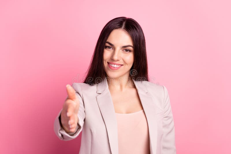 Photo of young pretty lady hold hand greeting interview business meeting partner isolated over pastel color background stock images