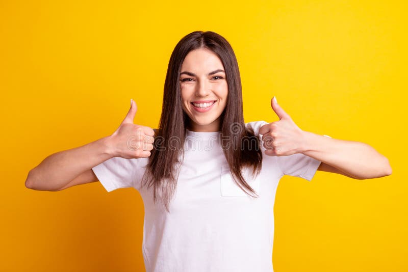 Photo of youth lovely lady promoter show thumbs-up advertising choose isolated over yellow color background stock photos