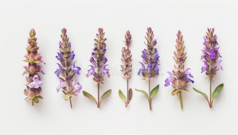 Photograph of sage flowers on a white background, in a minimalist style stock illustration