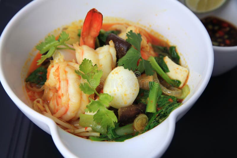 Seafood Curry Asian Food in Bowl, Shrimp Prawn with Quail Egg Mixed ...