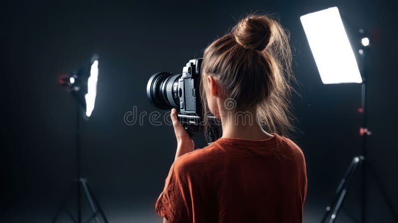 Photographer Adjusting Camera in Studio royalty free illustration