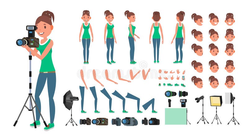 Photographer Woman Vector. Taking Pictures. Animated Female Character Set. Full Length. Accessories, Poses, Face