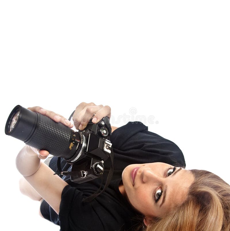 A photographer girl with a zoom lens isolated on white background. Body cam stock images, royalty-free photos and pictures