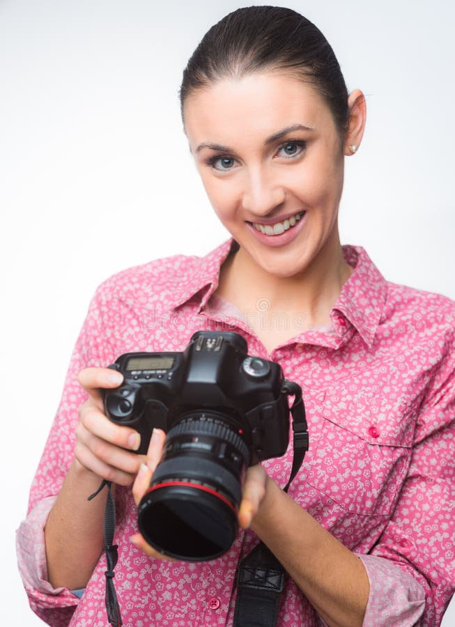 Photographer Posing with Camera Stock Photo Image of expertise