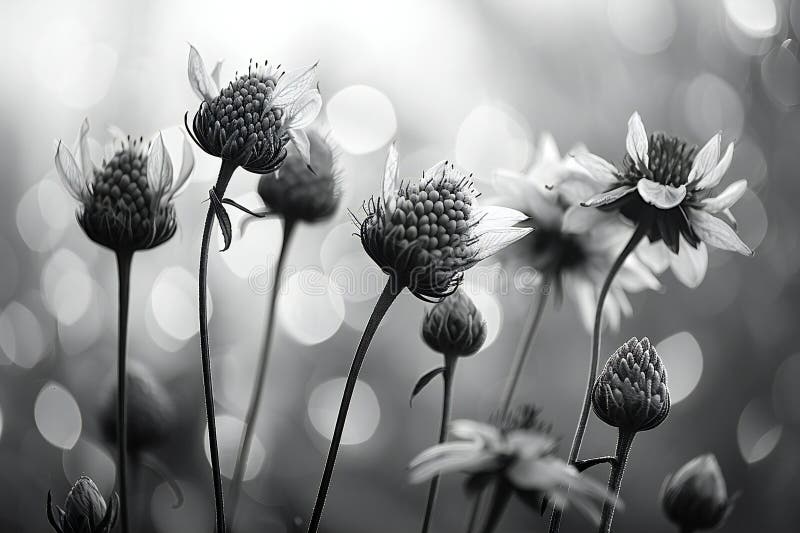Photographie en noir et blanc de fleurs séchées sur fond naturel avec effet bokeh avec une image très détaillée. Illustration de la photographie en noir et blanc des fleurs séchées sur fond naturel avec un effet bokeh avec des images très détaillées prises en lumière naturelle avec un accent pointu dans un style cinématique. Cette illustration est générée avec l'utilisation d'une IA.