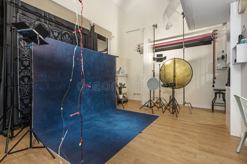 Photography Studio with Diffusers, Backgrounds, Spotlights Stock Photo