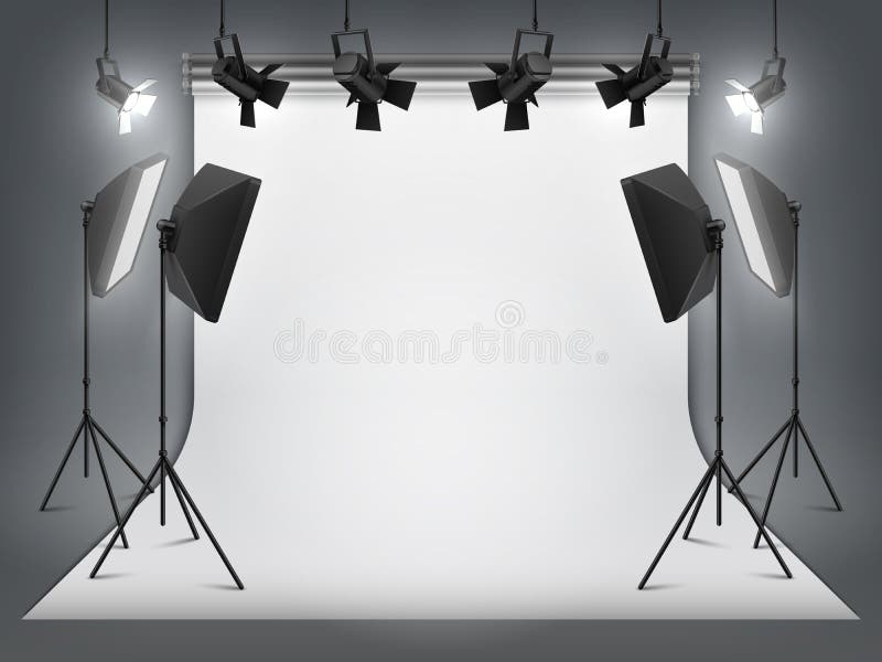 Photography studio. Photo backdrop and spotlight, realistic floodlight with tripod and studio equipment. Vector studio