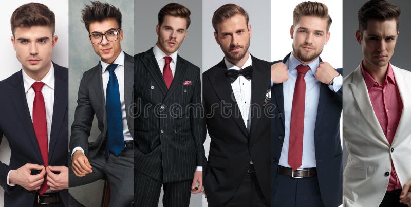 Photomontage av sex eleganta unga mäns stående arkivbilder Photomontage av sex eleganta unga mäns stående arkivbilder