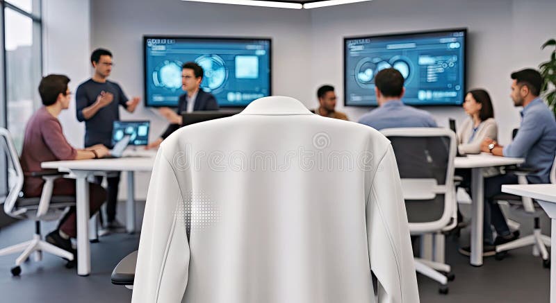 Photorealistic Blank Tech Jacket Mockup in a Collaborative Innovation Lab Sci Fi royalty free illustration