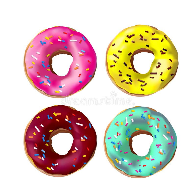 Photorealistic vector colorful donuts with sprinkles, glaze. Set of 4 realstic delicious sweet pink, chocolate, yellow, azure stock illustration Photorealistic vector colorful donuts with sprinkles, glaze. Set of 4 realstic delicious sweet pink, chocolate, yellow, azure stock illustration