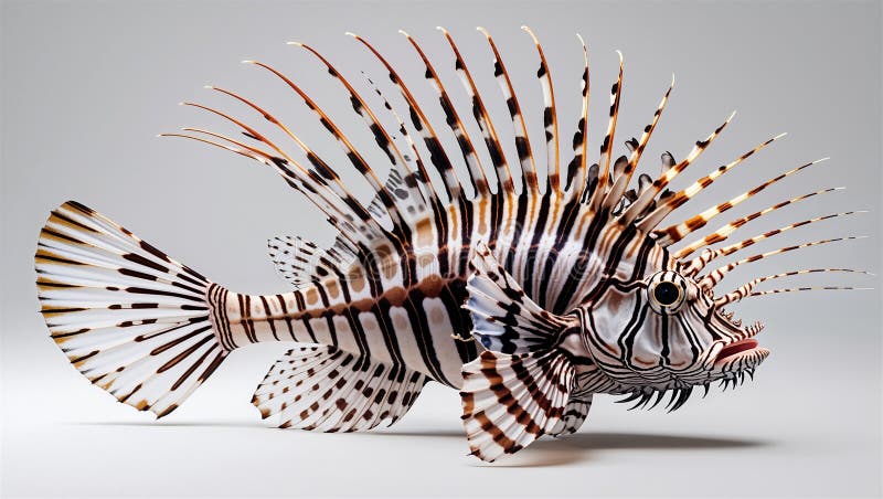 Photoréaliste poisson-Lion en pose filetée avec épines vue latérale étendue sur blanc illustration stock