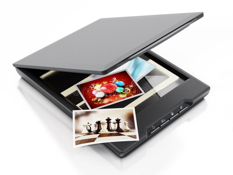 Photos being scanned inside modern scanner. 3D illustration vector illustration Photos being scanned inside modern scanner. 3D illustration vector illustration