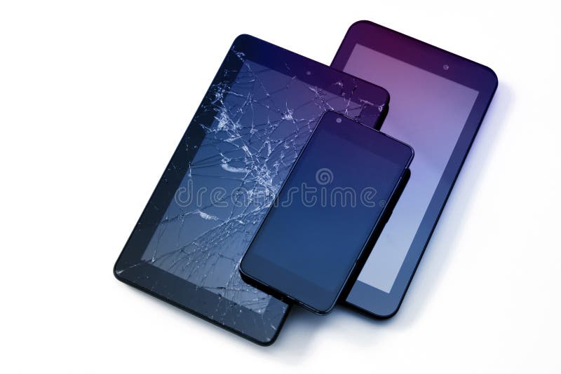 Photos of Cracked Display on a Tablet and Black Cellphone Isolated on