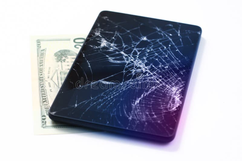 Photos of Cracked Display on a Tablet and 20 Dollars Isolated on White