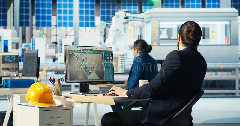 Photovoltaics factory engineer looking over paperwork documents, adjusting system parameters. Technician reading documentation files, optimizing energy supply in solar panel manufacturing plant. Reading efficiency stock images, royalty-free photos and pictures