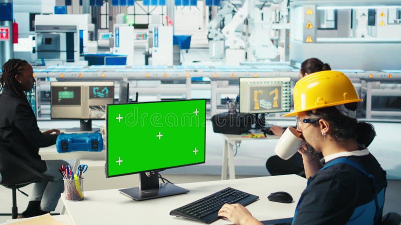 Photovoltaïque ingénieur en usine utilisant un PC à écran vert pour régler les paramètres système banque de vidéos