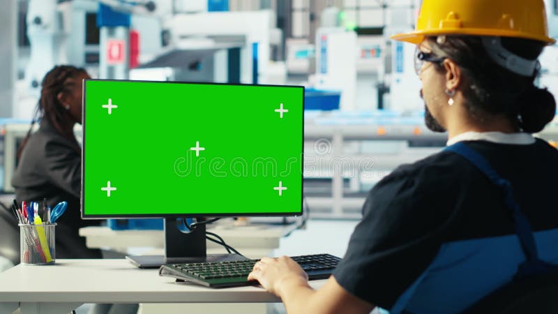 Photovoltaïque ingénieur en usine utilisant un PC à écran vert pour régler les paramètres système banque de vidéos